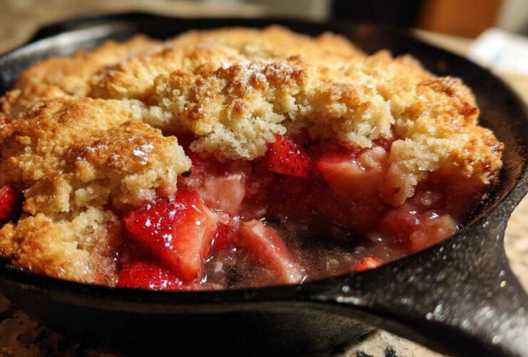 Close-up of a bubbling Fresh Strawberry Rhubarb Skillet Cobbler with a golden, crumbly topping.