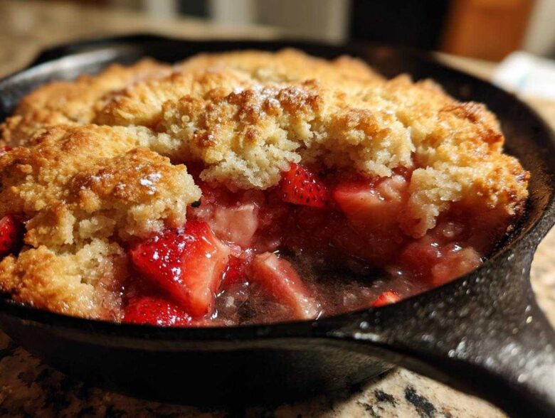 Close-up of a bubbling Fresh Strawberry Rhubarb Skillet Cobbler with a golden, crumbly topping.