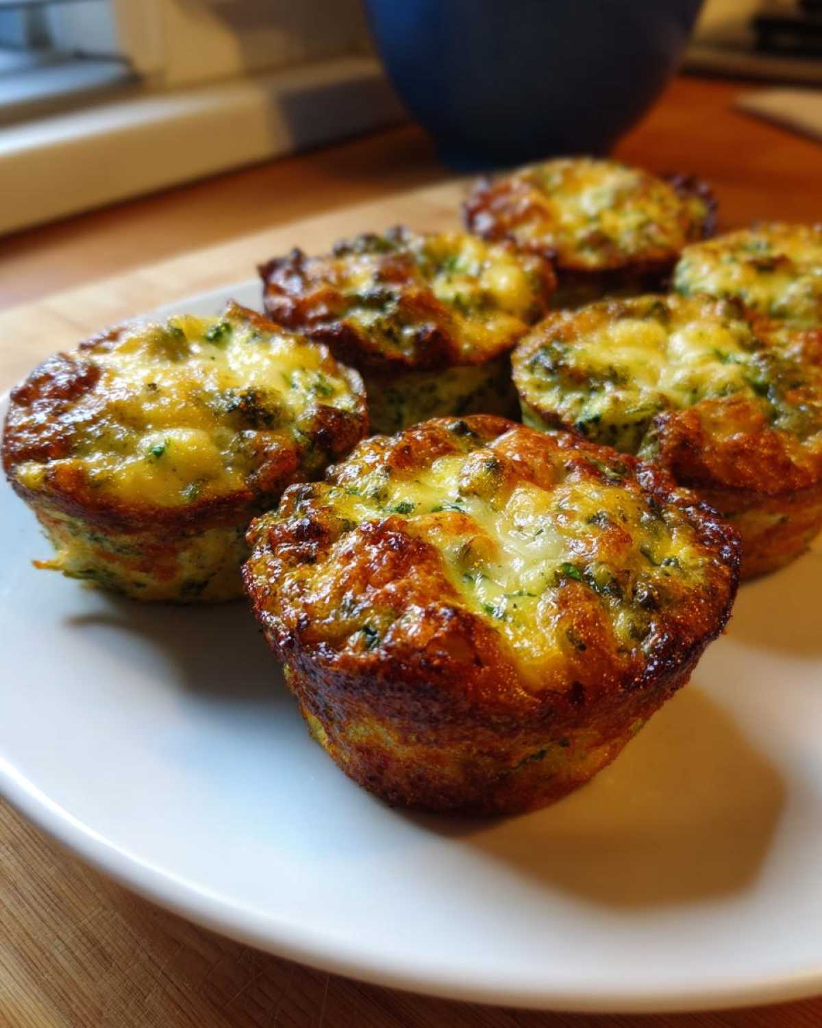 A close-up of several golden-brown Garden Herb Egg Muffins topped with melted cheese, served on a white plate.