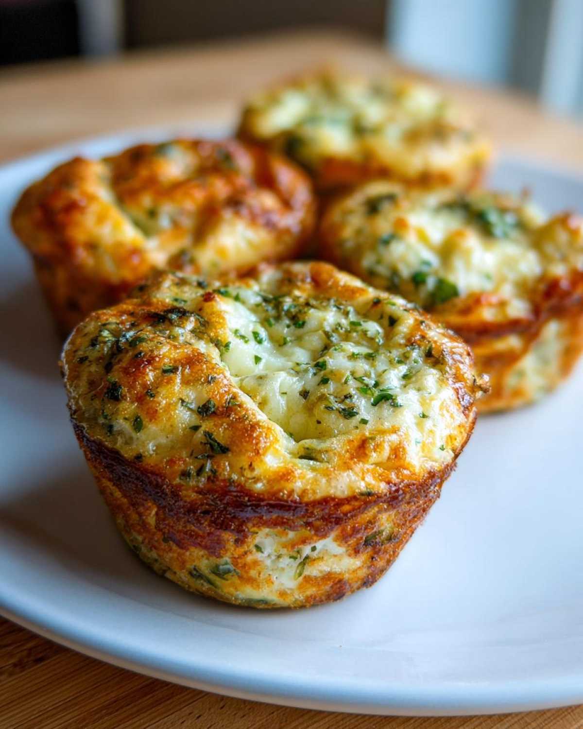 Close-up of freshly baked Garden Herb Egg Muffins topped with melted white cheese and chopped green herbs.