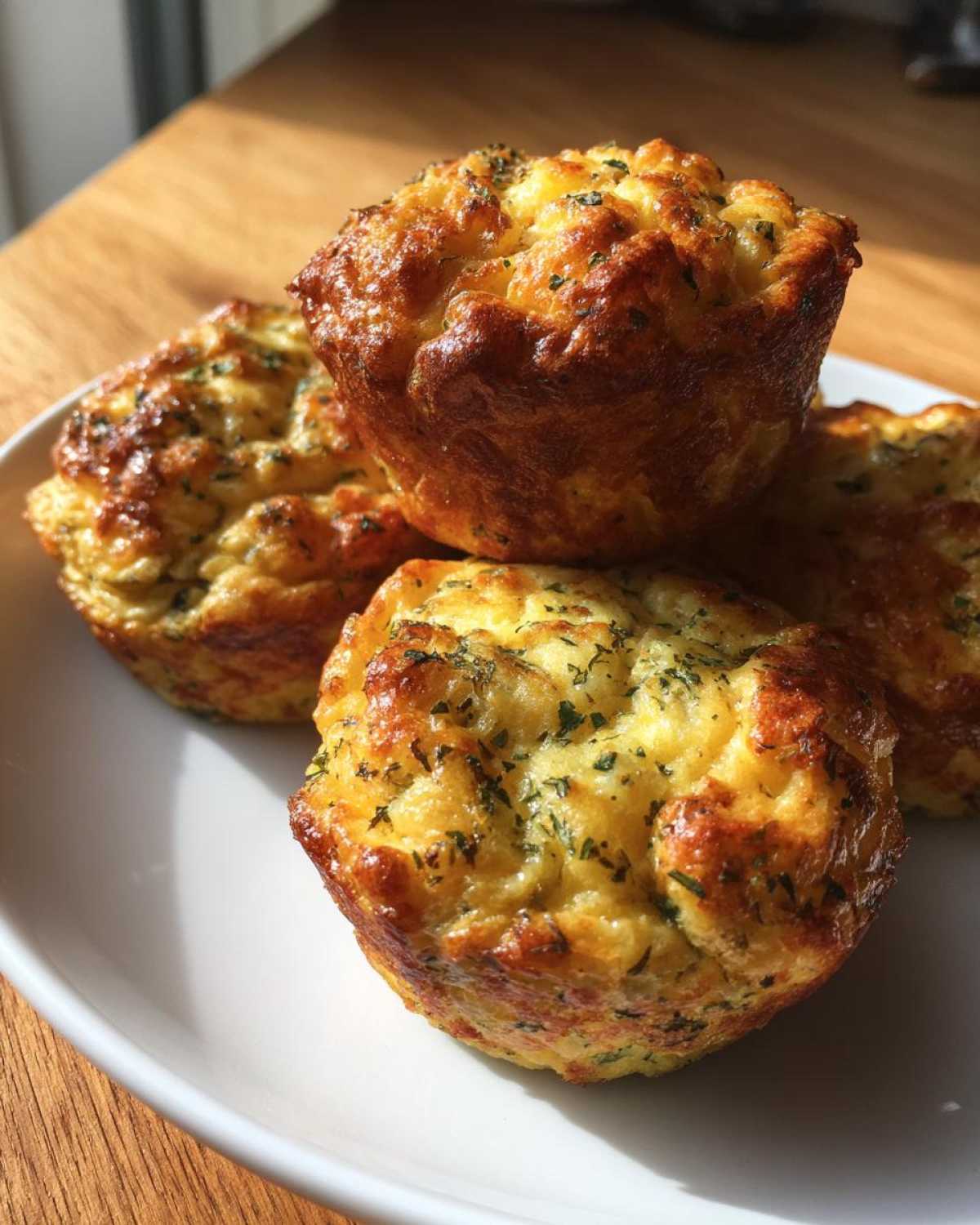 A stack of four golden brown Garden Herb Egg Muffins sprinkled with green herbs on a white plate.