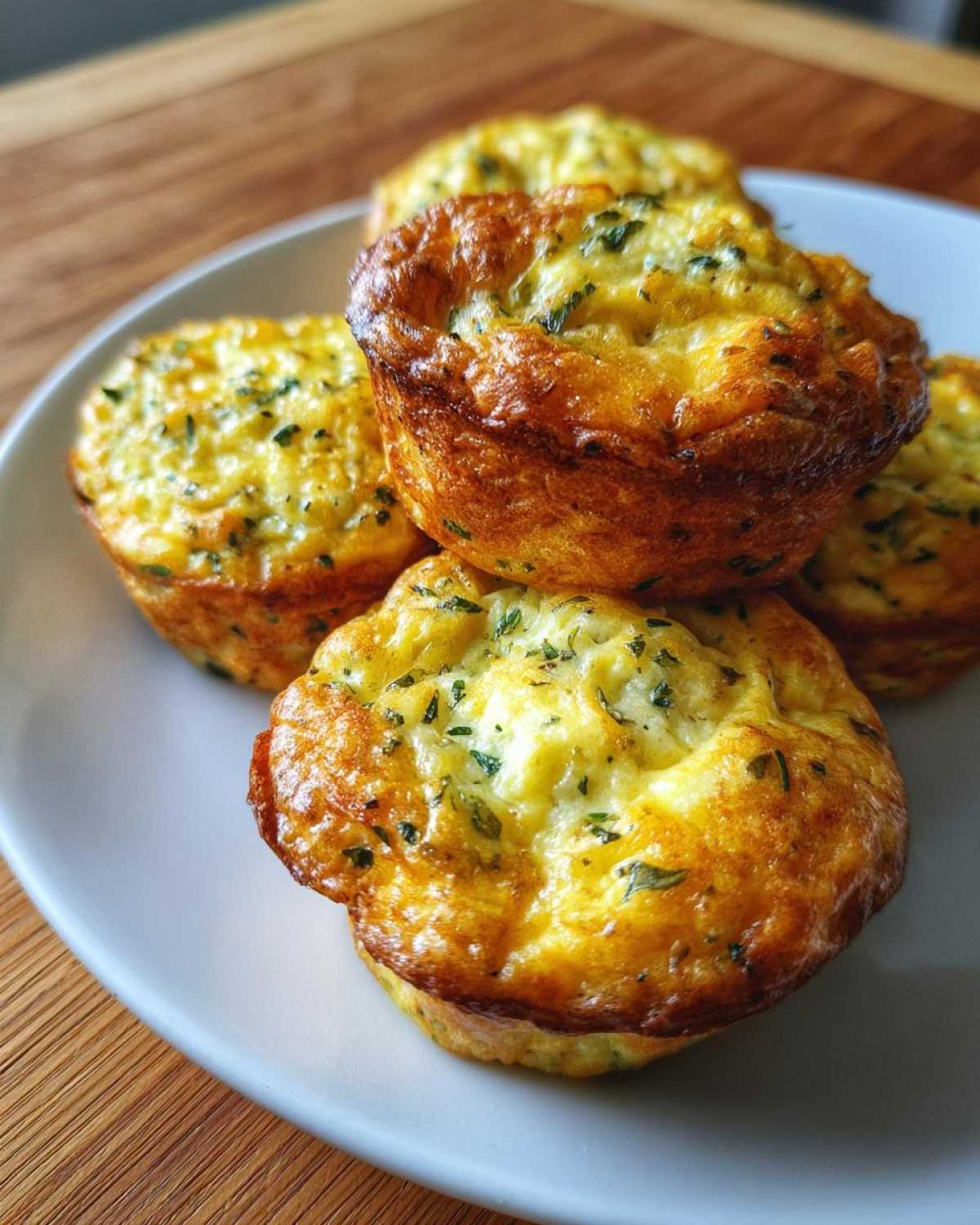 A close-up stack of freshly baked, golden-brown Garden Herb Egg Muffins sprinkled with green herbs.