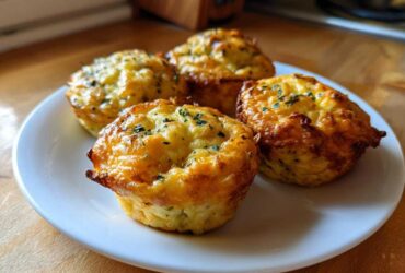 Four freshly baked Garden Herb Egg Muffins with golden brown tops and sprinkled herbs, served on a white plate.