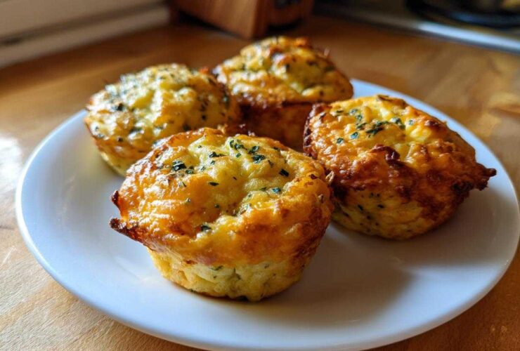 Four freshly baked Garden Herb Egg Muffins with golden brown tops and sprinkled herbs, served on a white plate.