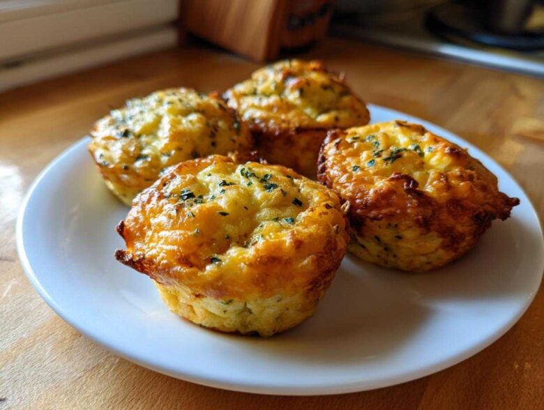 Four freshly baked Garden Herb Egg Muffins with golden brown tops and sprinkled herbs, served on a white plate.