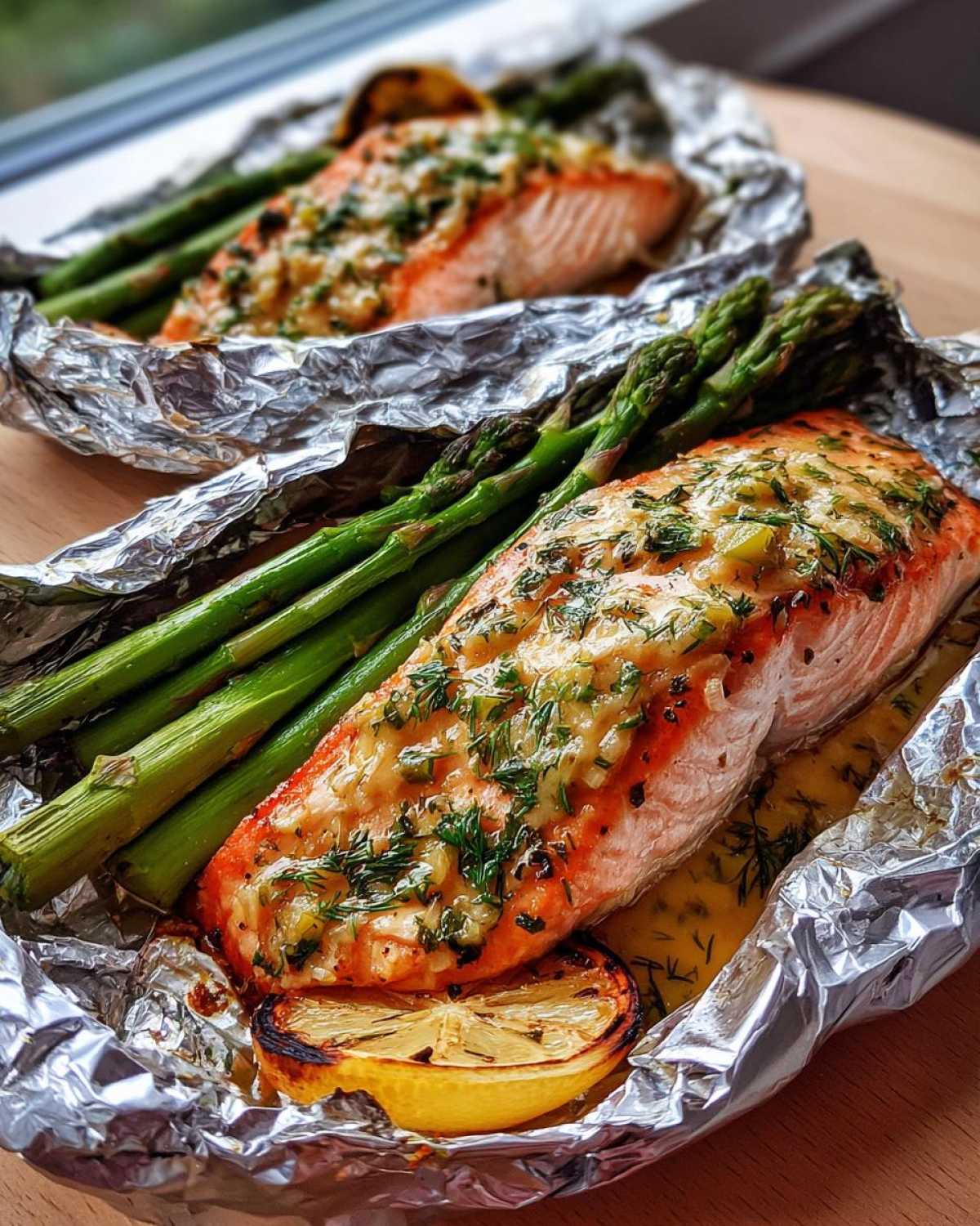 Close-up of cooked Garlic Dijon Salmon Packets featuring salmon, asparagus, and a charred lemon slice in foil.