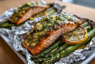 Close-up of a perfectly cooked Garlic Dijon Salmon Packet featuring salmon over asparagus with a charred lemon slice.