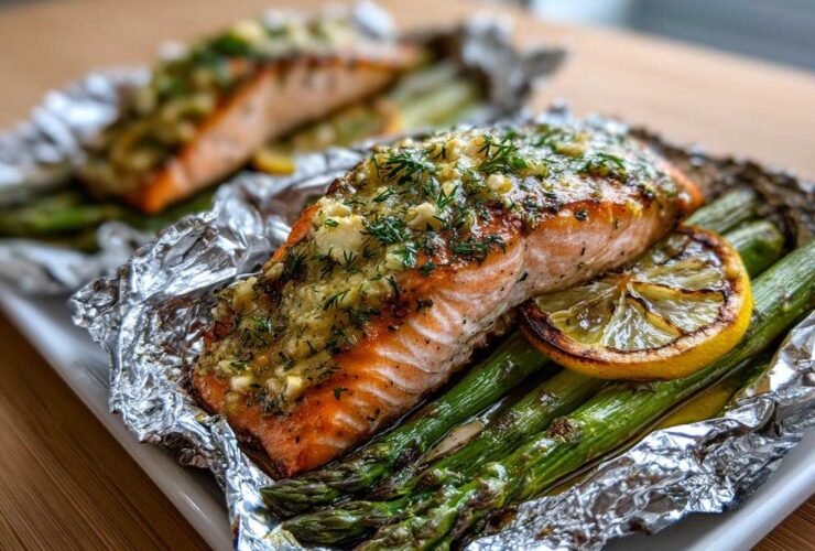 Close-up of a perfectly cooked Garlic Dijon Salmon Packet featuring salmon over asparagus with a charred lemon slice.