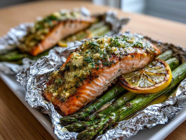 Close-up of a perfectly cooked Garlic Dijon Salmon Packet featuring salmon over asparagus with a charred lemon slice.