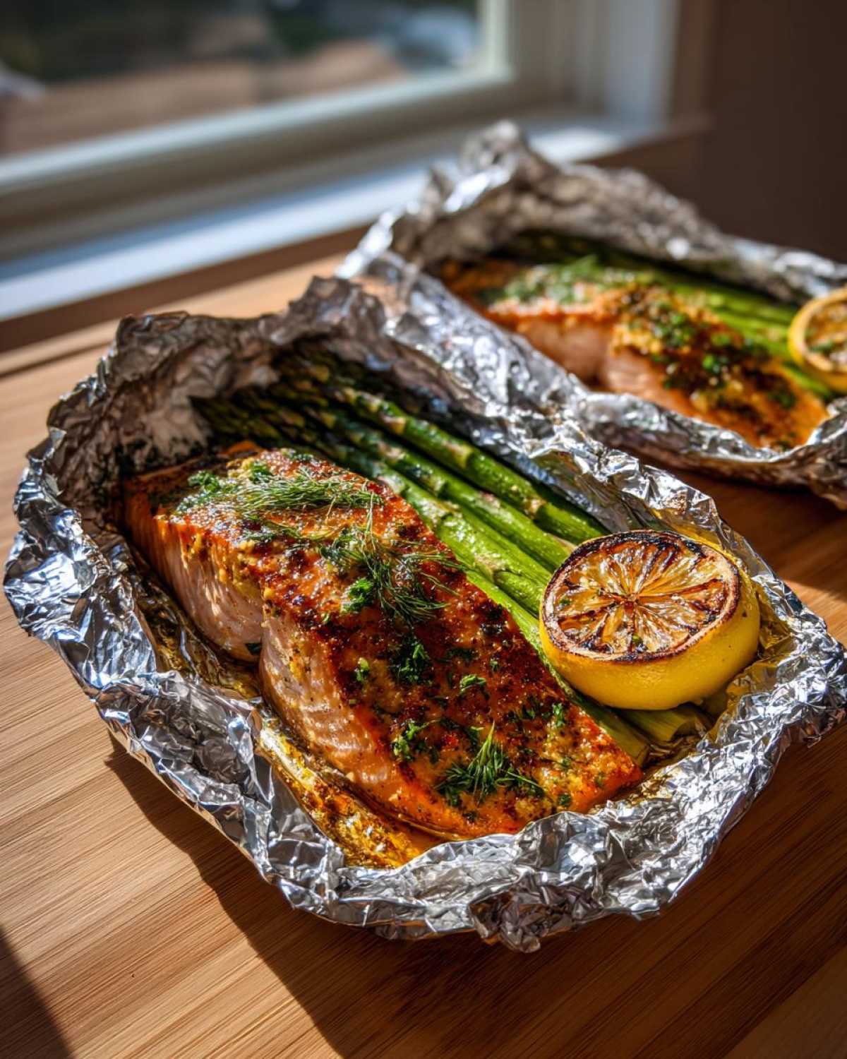 Two foil packets containing cooked Garlic Dijon Salmon Packets resting on asparagus spears with a charred lemon half.
