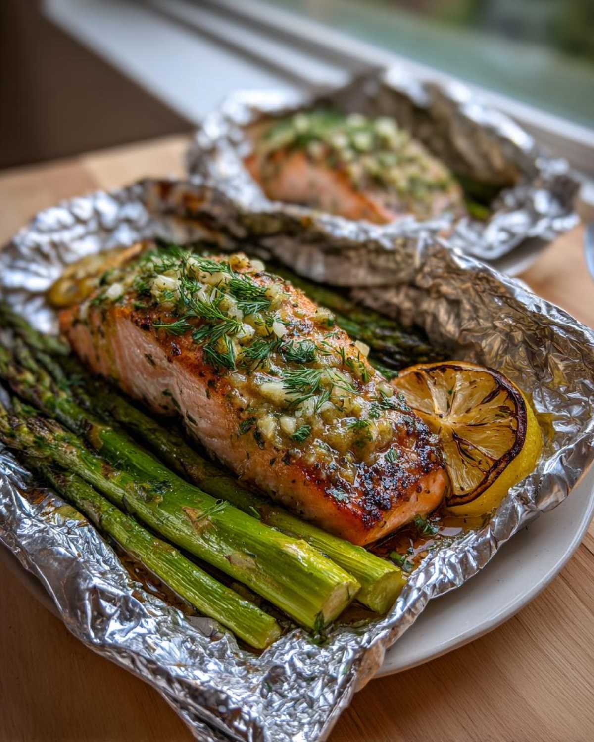Close-up of a perfectly cooked Garlic Dijon Salmon Packet featuring salmon, asparagus, and a lemon slice.
