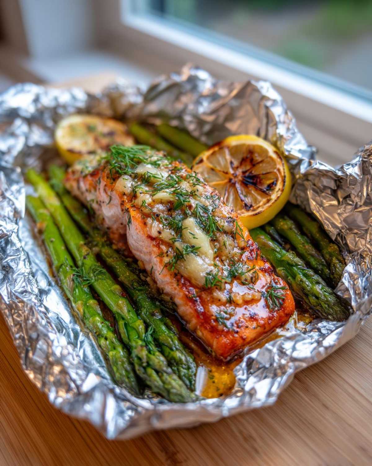 Close-up of a cooked Garlic Dijon Salmon Packets fillet resting on bright green asparagus inside foil.