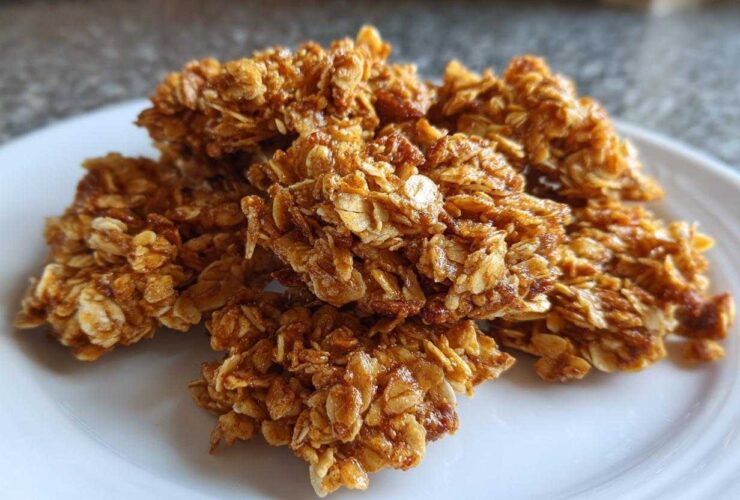 A pile of sticky, golden Maple Pecan Granola Clusters made with oats and coated in a sweet glaze, served on a white plate.