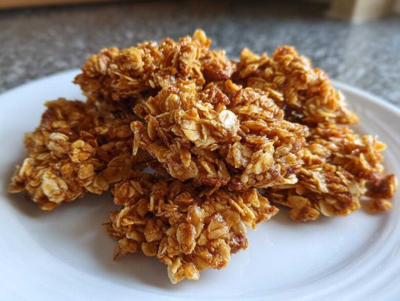 A pile of sticky, golden Maple Pecan Granola Clusters made with oats and coated in a sweet glaze, served on a white plate.