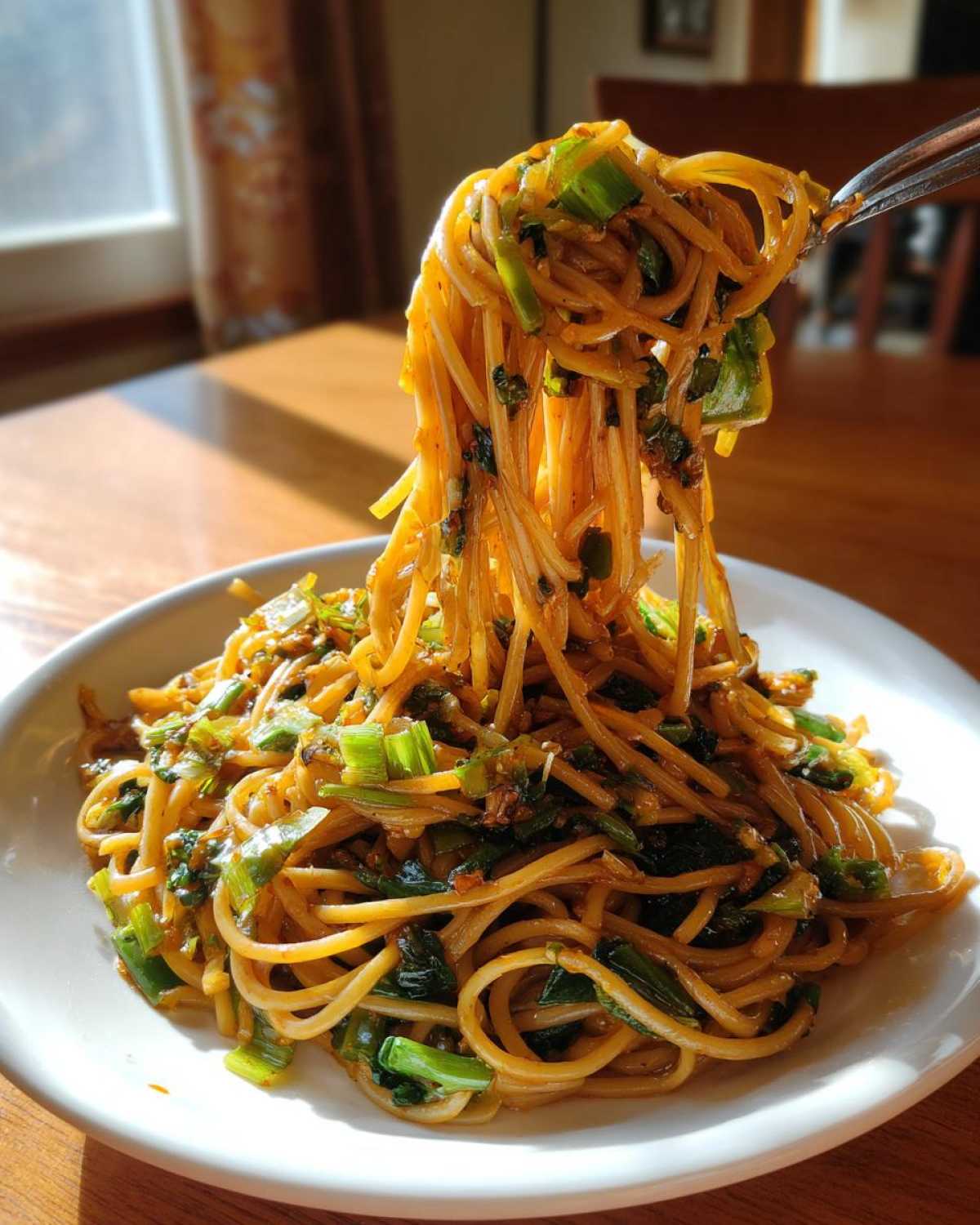 A fork lifts a generous portion of saucy Ginger Scallion Noodles mixed with bright green scallions from a white plate.