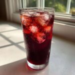 A tall, sweating glass filled with deep red Agua Fresca de Jamaica Hibiscus and ice cubes, sitting on a bright counter.