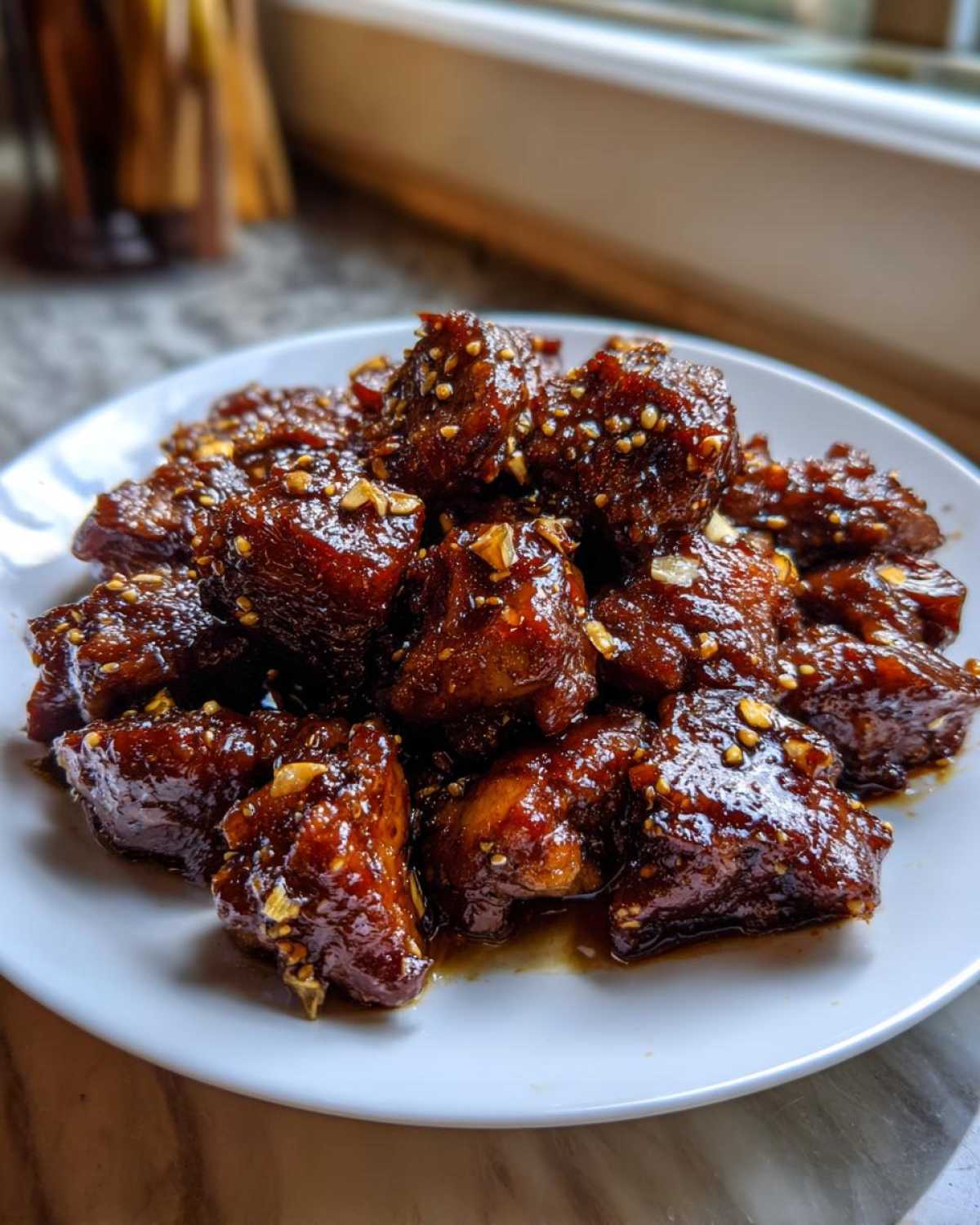 Close-up of sticky, dark brown glazed Filipino Chicken Adobo pieces topped with minced garlic or sesame seeds on a white plate.