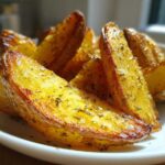 Close-up of perfectly roasted Greek Lemon Potatoes with Oregano wedges glistening on a white plate.