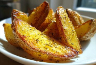 Close-up of perfectly roasted Greek Lemon Potatoes with Oregano wedges glistening on a white plate.