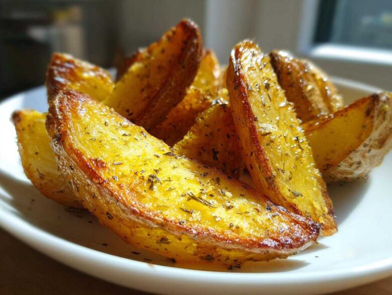 Close-up of perfectly roasted Greek Lemon Potatoes with Oregano wedges glistening on a white plate.
