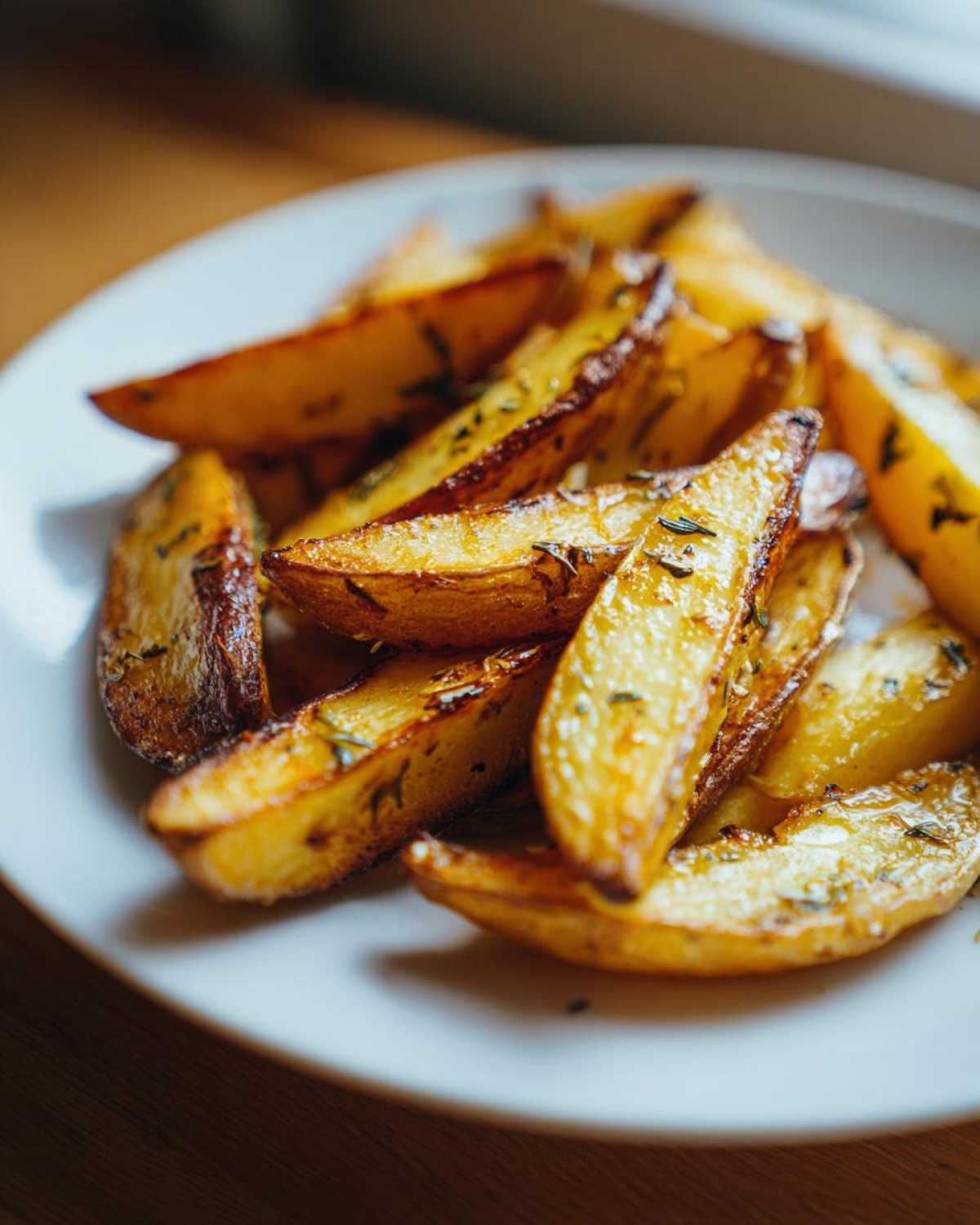 Close-up of perfectly roasted Greek Lemon Potatoes with Oregano wedges served on a white plate.