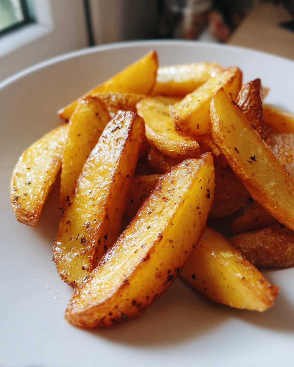 Close-up of perfectly roasted wedges of Greek Lemon Potatoes with Oregano, showing a golden-brown exterior and visible herbs.