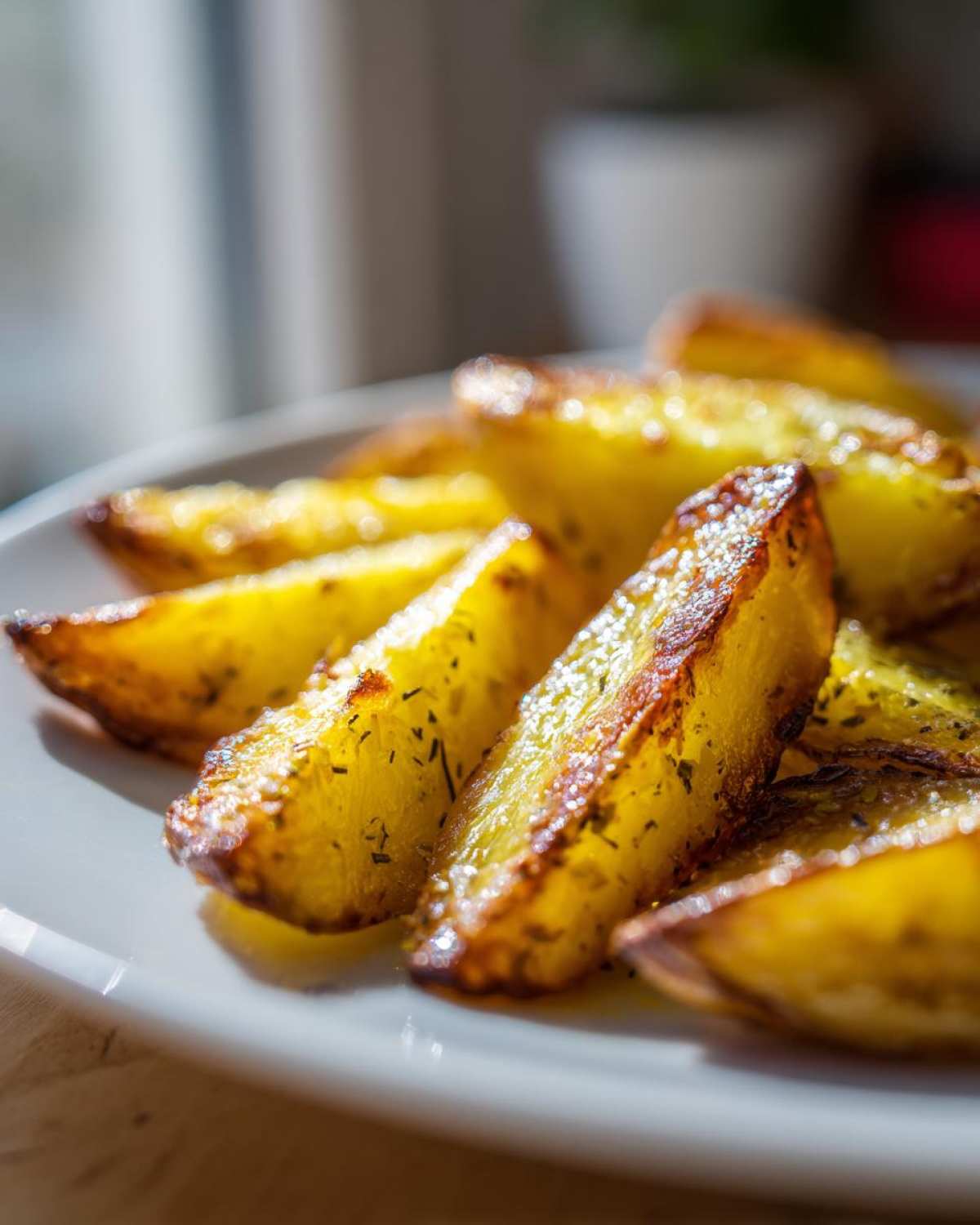 Close-up of perfectly roasted Greek Lemon Potatoes with Oregano wedges on a white plate, showing crispy, golden edges.