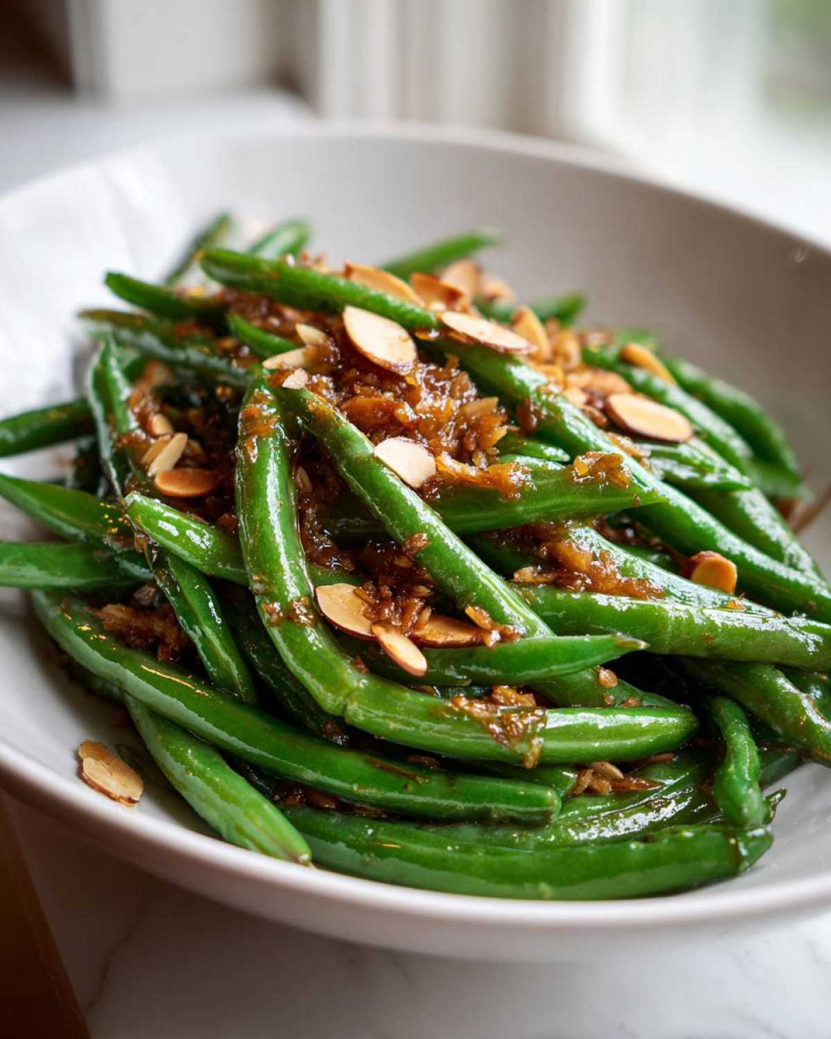 Close-up of vibrant green beans tossed in brown butter sauce and topped with sliced almonds: Green Bean Almondine with Brown Butter.