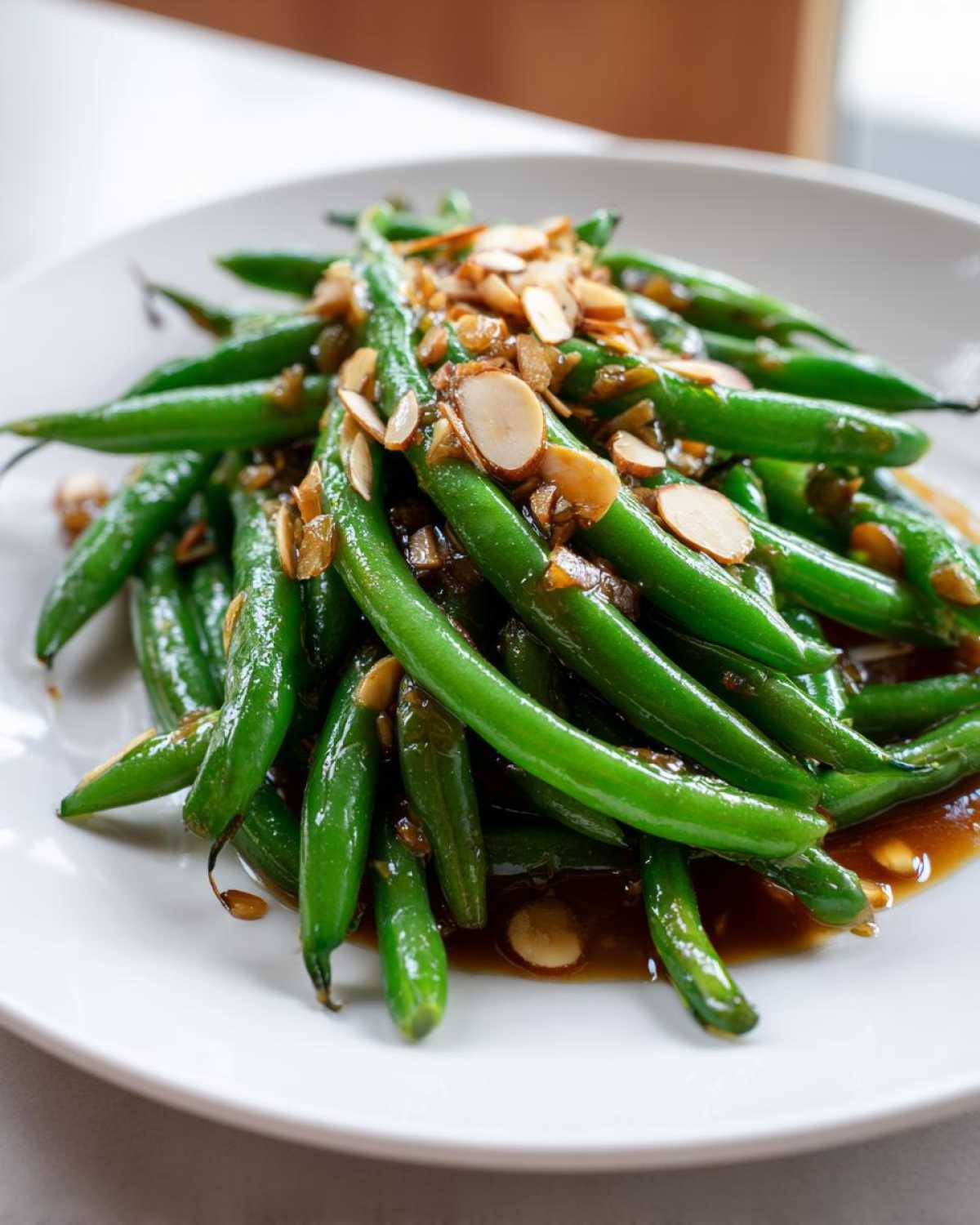 A close-up of bright green beans tossed in brown butter sauce and topped with toasted sliced almonds, perfect Green Bean Almondine with Brown Butter.