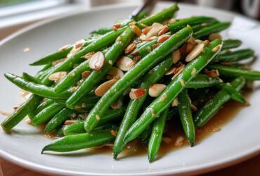 A close-up of bright green beans tossed in brown butter sauce and topped with slivered almonds: Green Bean Almondine with Brown Butter.