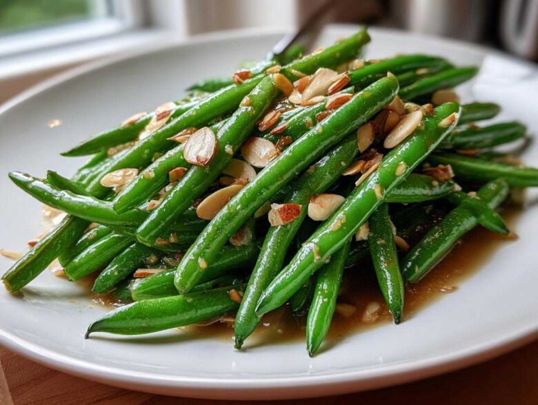 A close-up of bright green beans tossed in brown butter sauce and topped with slivered almonds: Green Bean Almondine with Brown Butter.