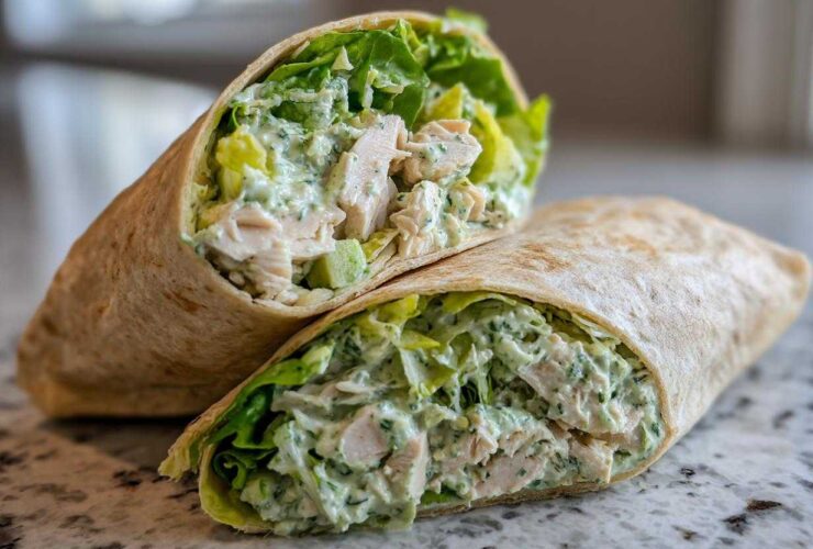 A close-up of Green Goddess Chicken Wraps cut in half, showing shredded chicken, lettuce, and creamy green dressing inside a whole wheat tortilla.