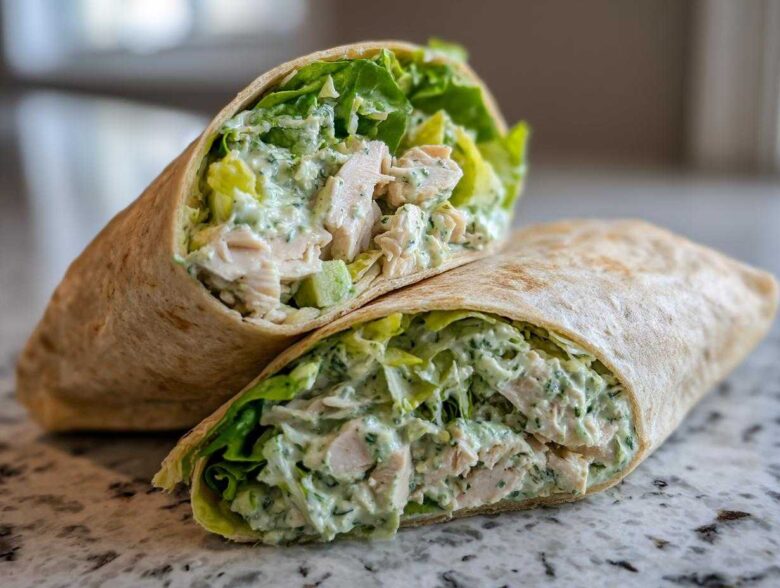 A close-up of Green Goddess Chicken Wraps cut in half, showing shredded chicken, lettuce, and creamy green dressing inside a whole wheat tortilla.