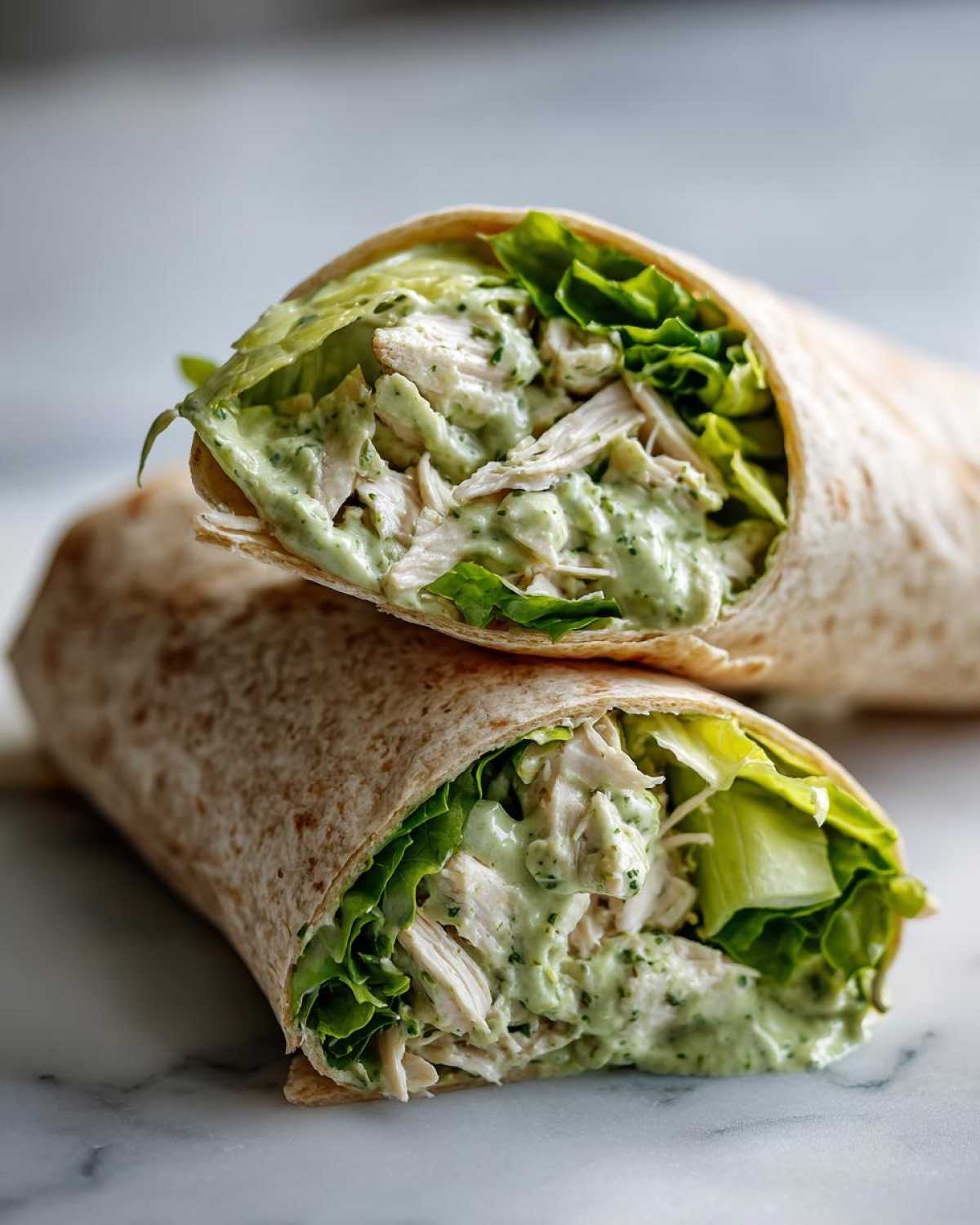 Two halves of a Green Goddess Chicken Wraps stacked, showing shredded chicken, lettuce, and creamy green dressing.