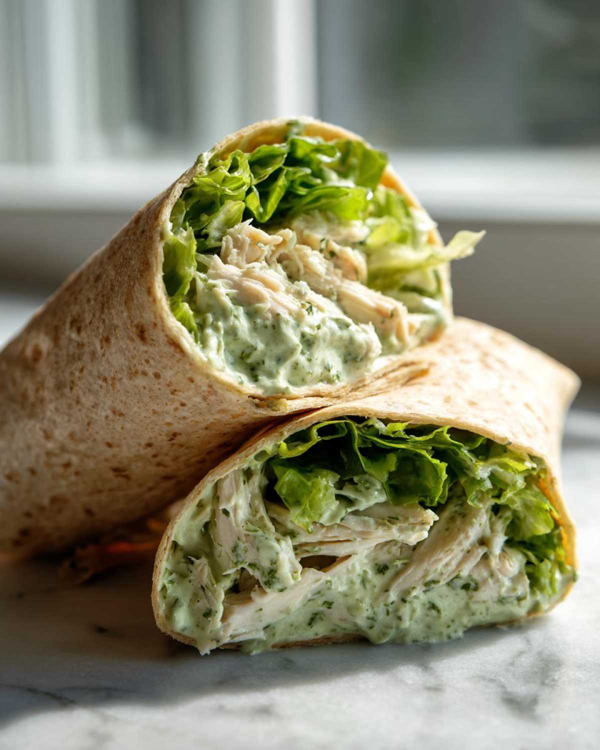 A close-up of Green Goddess Chicken Wraps cut in half, showing shredded chicken, green sauce, and lettuce in a tortilla.