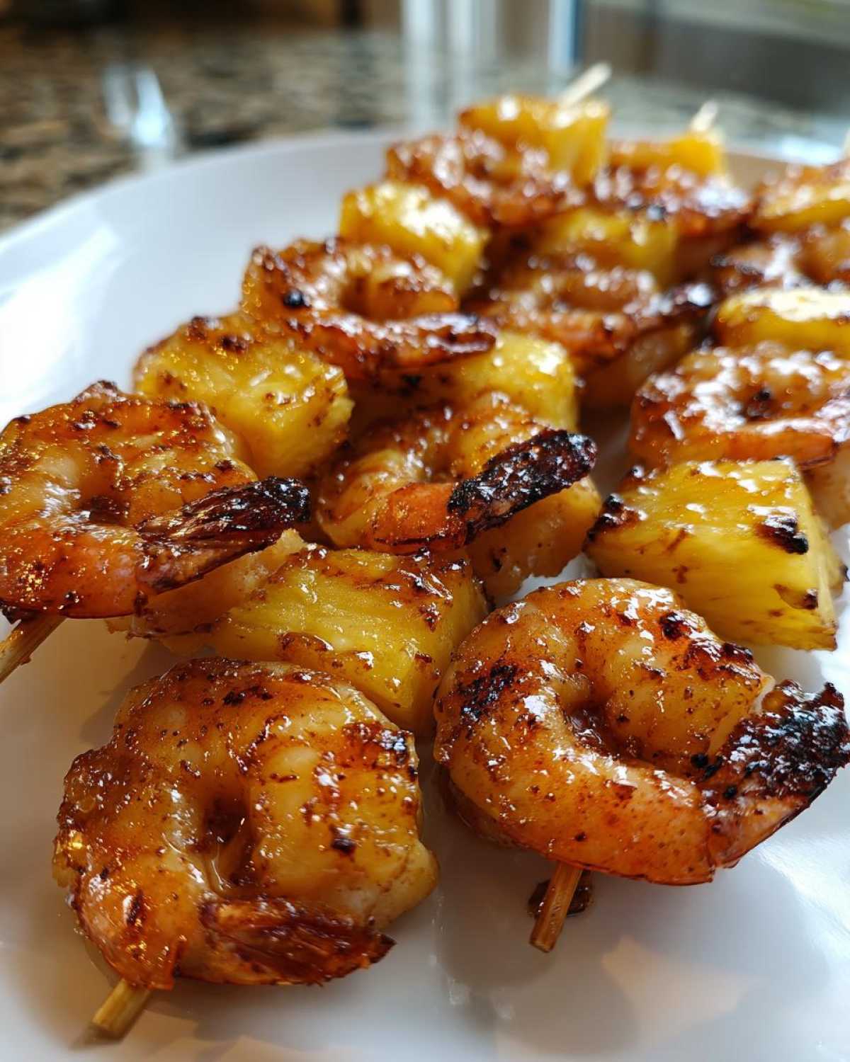 Close-up of perfectly glazed Grilled Pineapple Shrimp Skewers showing caramelized shrimp and pineapple chunks.