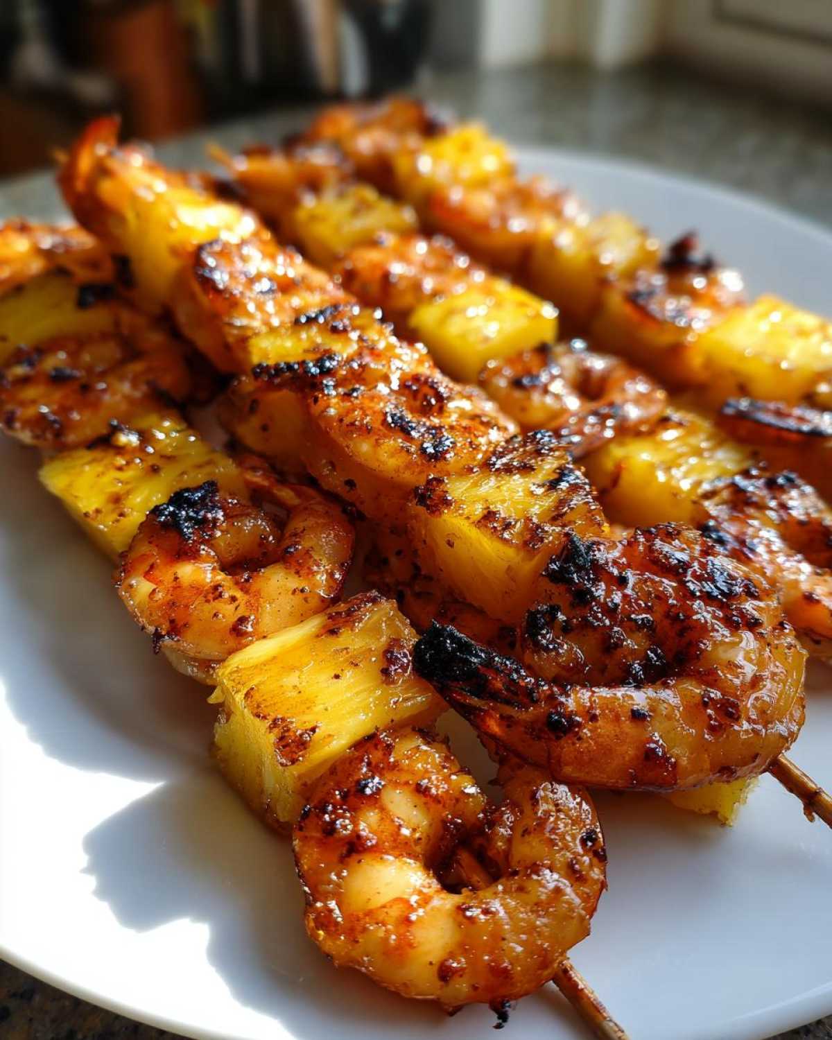 Four skewers of perfectly caramelized Grilled Pineapple Shrimp Skewers resting on a white plate, showing char marks.