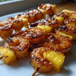 Close-up of several Grilled Pineapple Shrimp Skewers resting on a white plate, showing caramelized glaze.