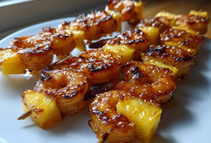 Close-up of several Grilled Pineapple Shrimp Skewers resting on a white plate, showing caramelized glaze.
