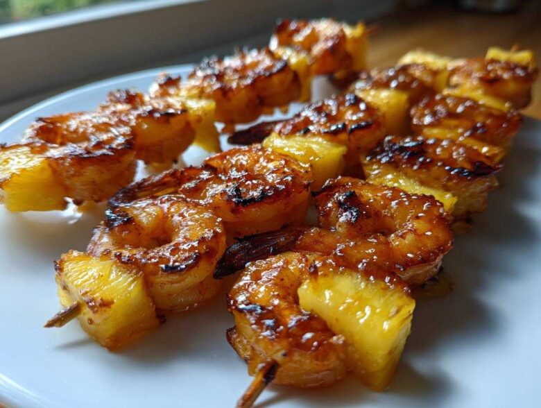 Close-up of several Grilled Pineapple Shrimp Skewers resting on a white plate, showing caramelized glaze.