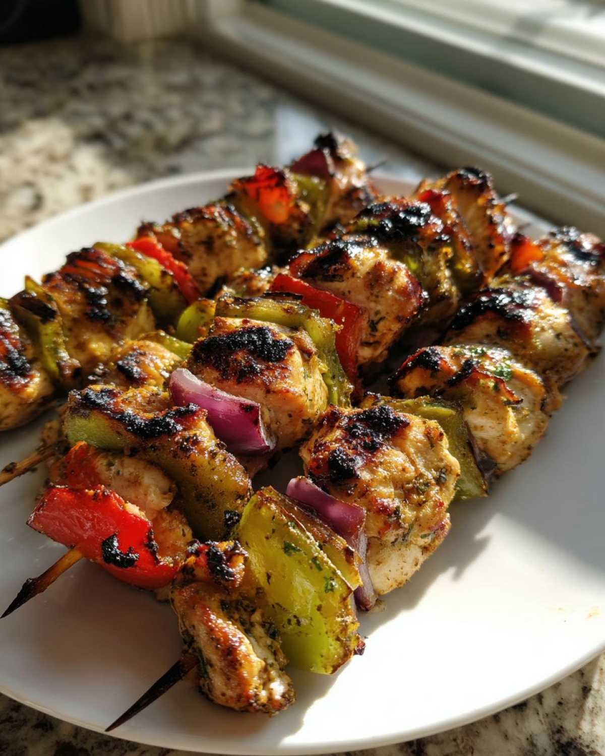 Close-up of perfectly grilled Tequila Lime Chicken Skewers featuring charred chicken, red pepper, green pepper, and red onion on a white plate.