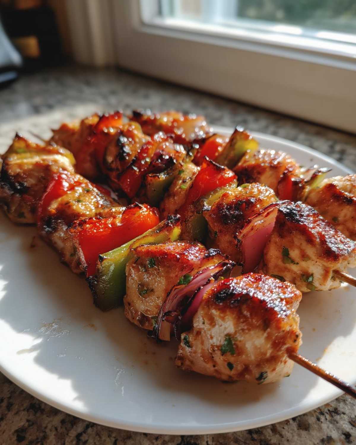 Close-up of perfectly grilled Tequila Lime Chicken Skewers with charred edges, red peppers, and onions on a white plate.