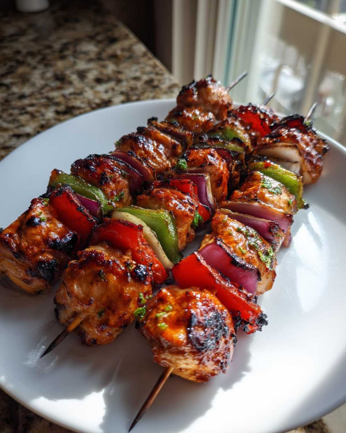 Three grilled Tequila Lime Chicken Skewers loaded with chicken, red onion, and bell peppers on a white plate.