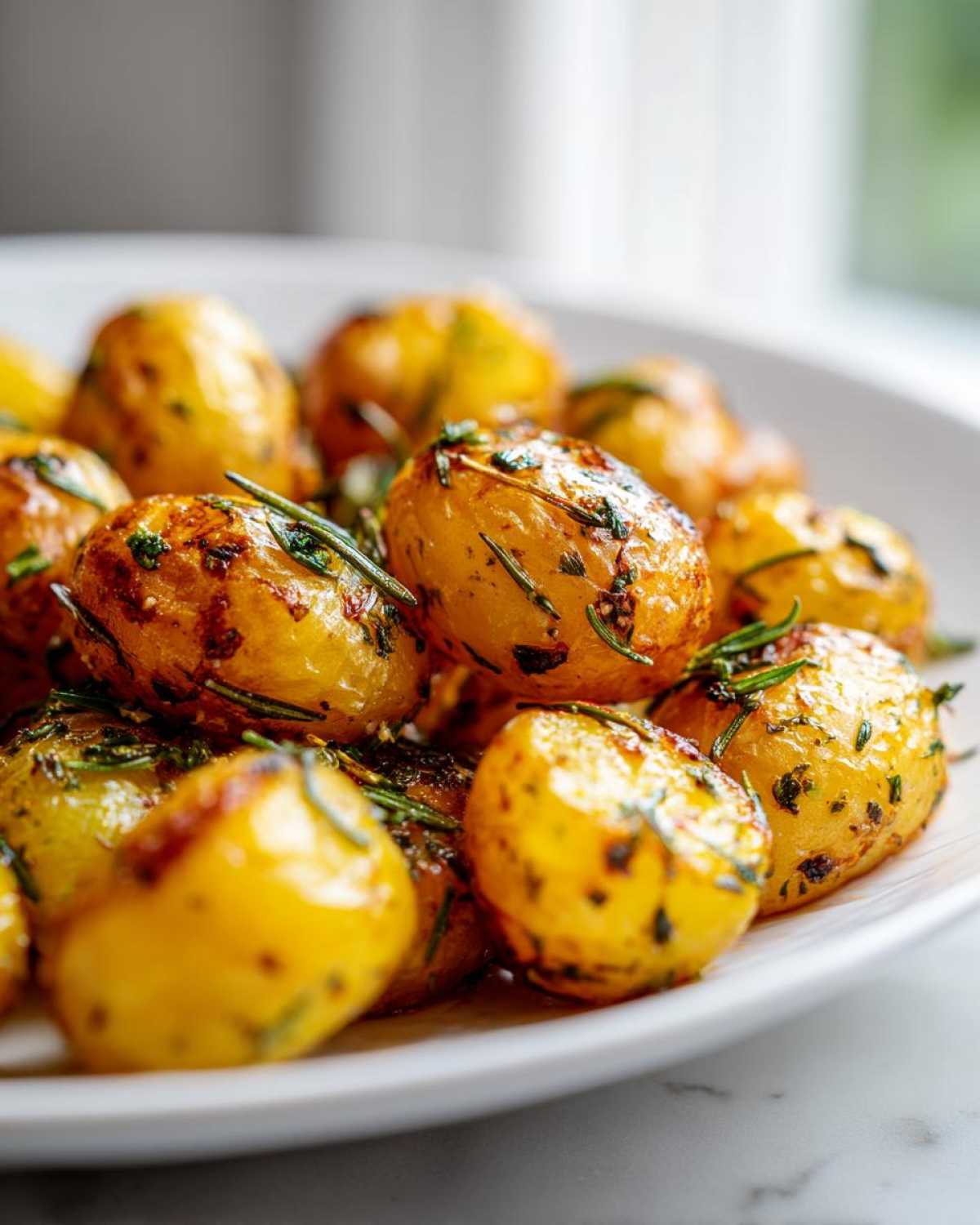 Close-up of golden, glossy Herb Roasted New Potatoes seasoned generously with rosemary and herbs.