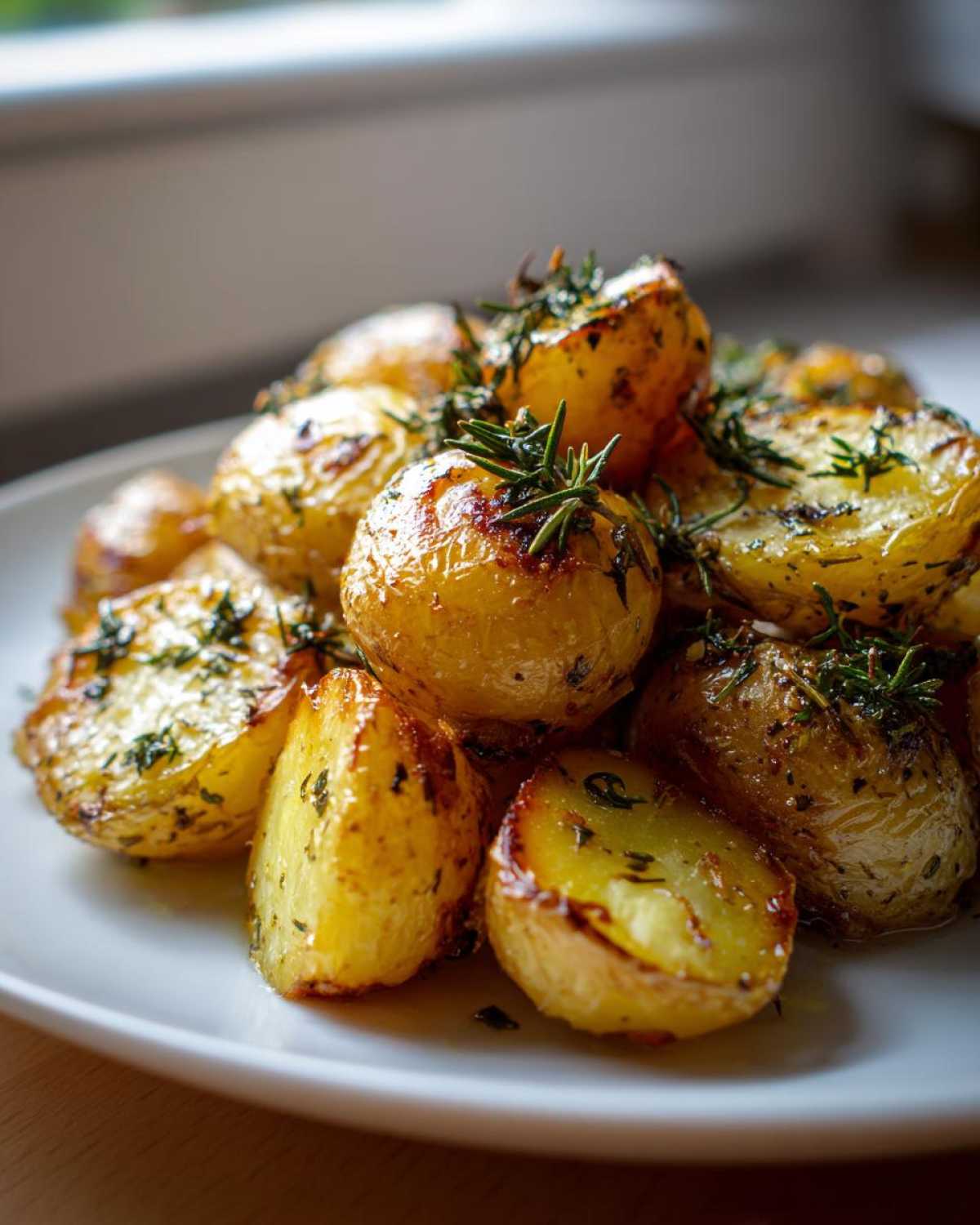 A close-up of golden, crispy Herb Roasted New Potatoes seasoned with herbs and topped with fresh rosemary sprigs.