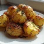A close-up of golden, crispy Herb Roasted New Potatoes seasoned generously with fresh rosemary.