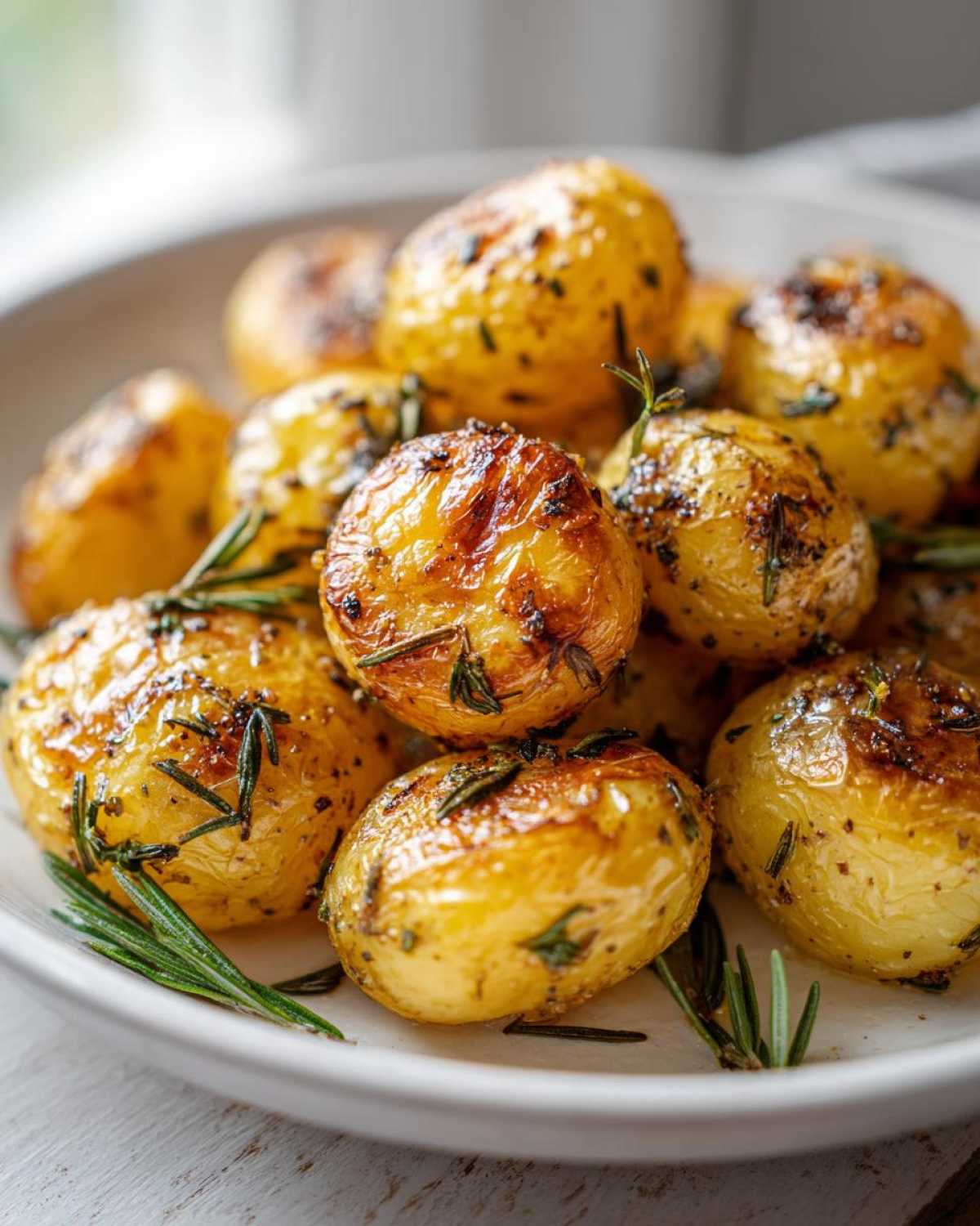 Close-up of golden, crispy Herb Roasted New Potatoes seasoned with rosemary.