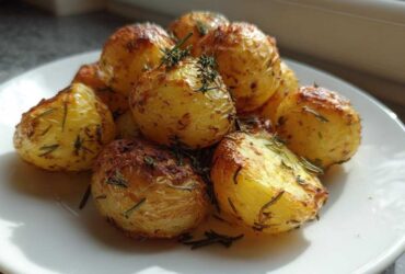 A close-up of golden, crispy Herb Roasted New Potatoes seasoned generously with fresh rosemary.