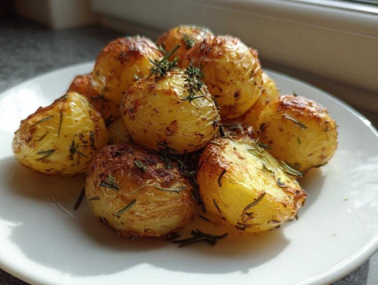 A close-up of golden, crispy Herb Roasted New Potatoes seasoned generously with fresh rosemary.