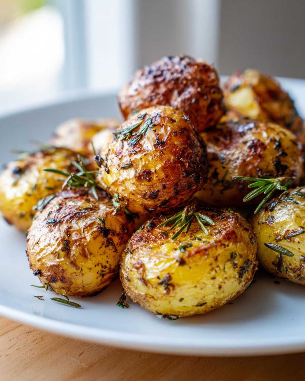 Close-up of golden, crispy Herb Roasted New Potatoes seasoned generously with dried and fresh rosemary.